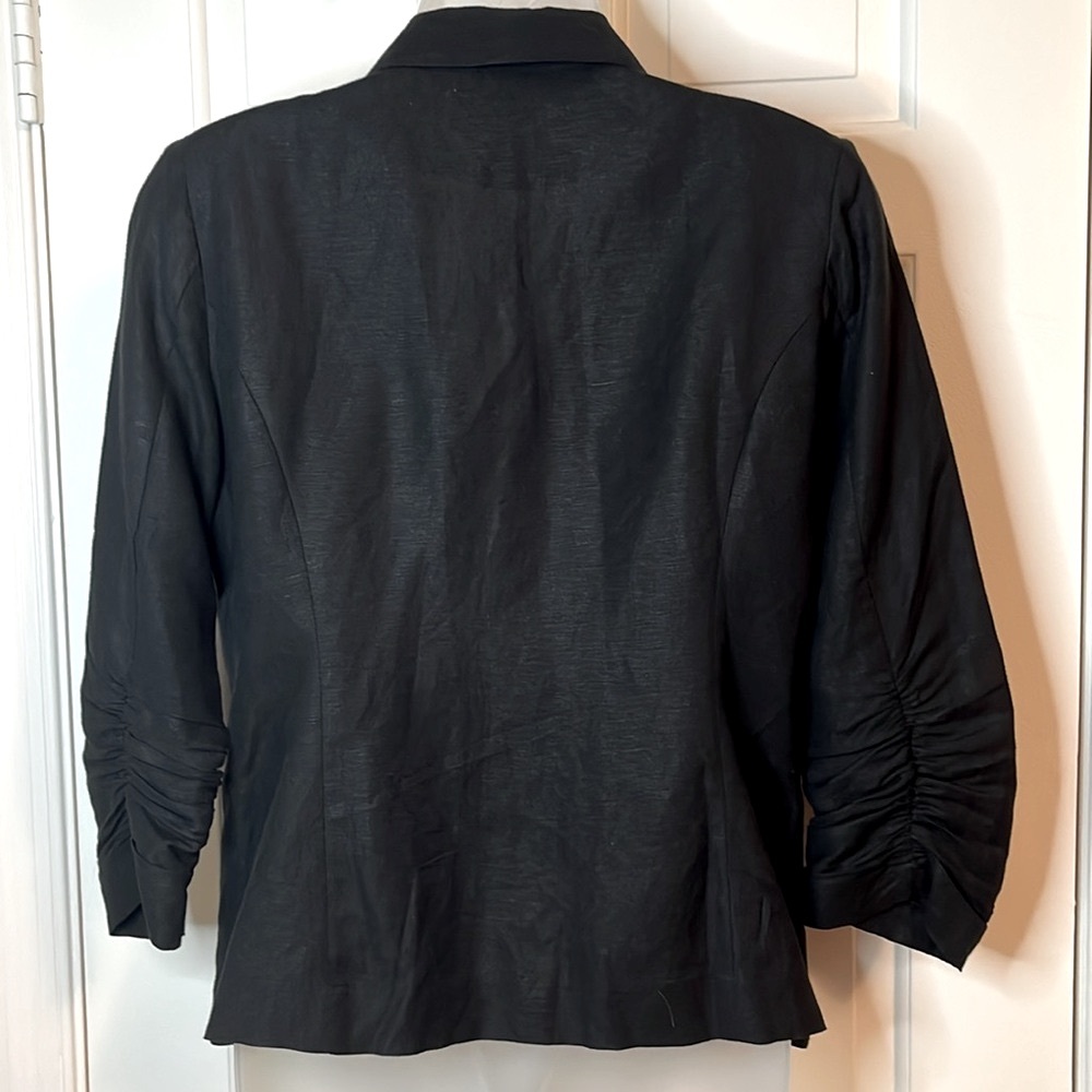 🌷Olivia Moon Linen One Button 3/4 Ruched Sleeved Blazer Black - Picture 7 of 13
